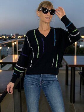Colorush Cashmere Sweater XS Black Striped Long Sleeve V-Neck